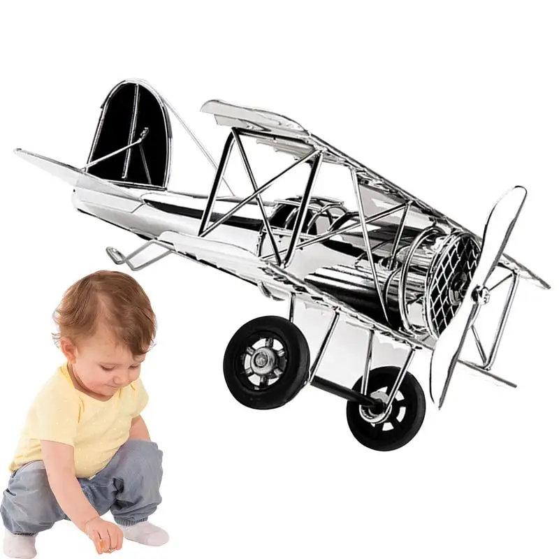 

Airplane Decor Metal Vintage Model Ornaments Silver Electroplated Aircraft Glider Biplane Kids Toy And Photo Props Wine Cabinet