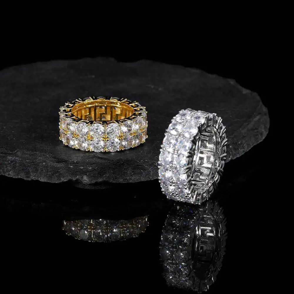 

Free Delivery Luxury Rings for Men Hip Hop Jewelry Double-row Zircon Ring Fashion Full Diamond 18K Gold Gold Plated Men