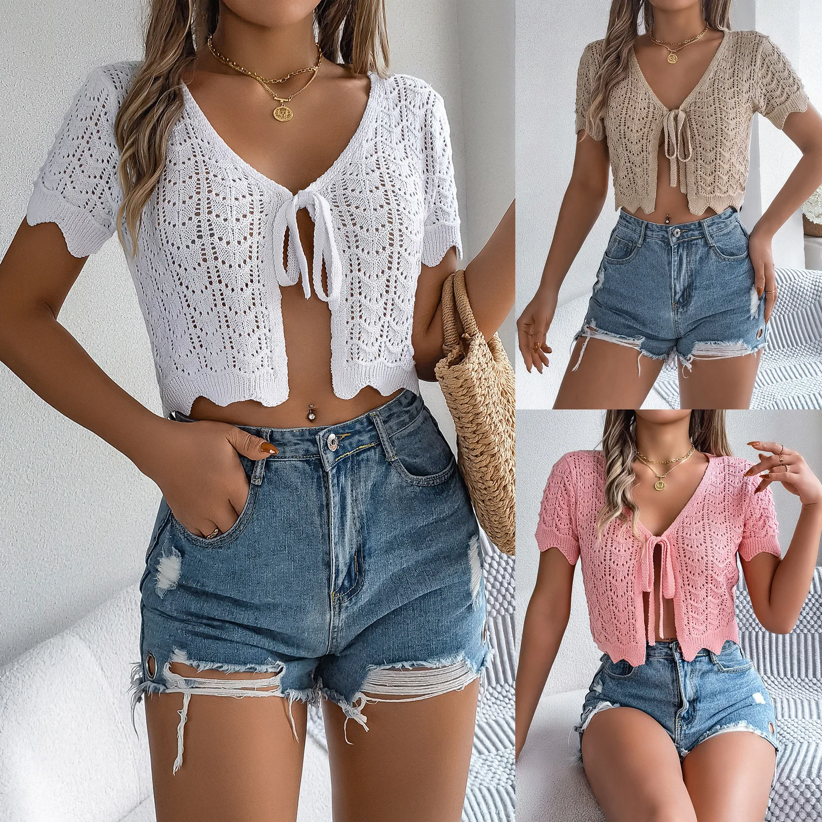 

2024 Summer Lace-up Hollow-out Short-sleeved Cardigan Holiday Sunscreen Shirt Bebe Y2k