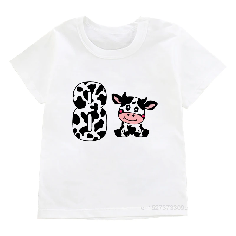 Kids 1-10 Cow Number With Baby Cow Design Print T-Shirt Girl Cute White Short Sleeve  Boy Birthday Gift Clothes Casual Tops