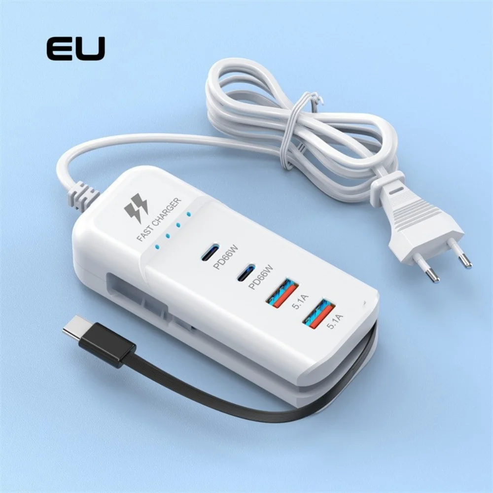 66W 4 Ports USB C Fast Charging Wall Charger with C Cable EU US UK Plug Power Strip Hub Adapter for iPhone Samsung Xiaomi Phone