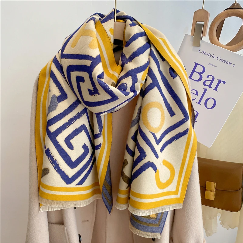 

New Thick Cashmere Scarf for Women Print Back Shape Pashmina Winter Warm Blanket Shawl Wraps Female Design Scarves Bufanda