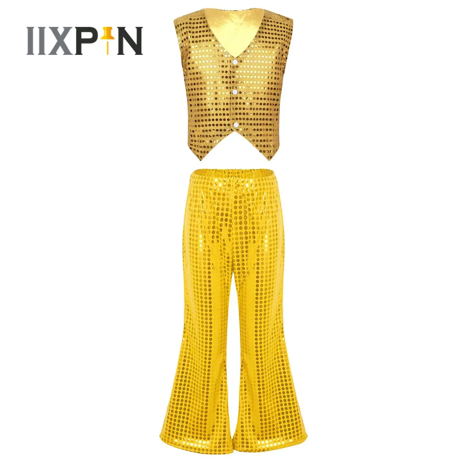 

Kids Modern Jazz Hip-hop Dance Costumes Boys Girls Shiny Sequins Vest Waistcoat+Flared Pants Outfit for Stage Stage Performance