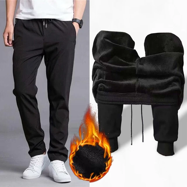 Casual Man Winter Fleece Lined Pants Solid Black Warm Thick