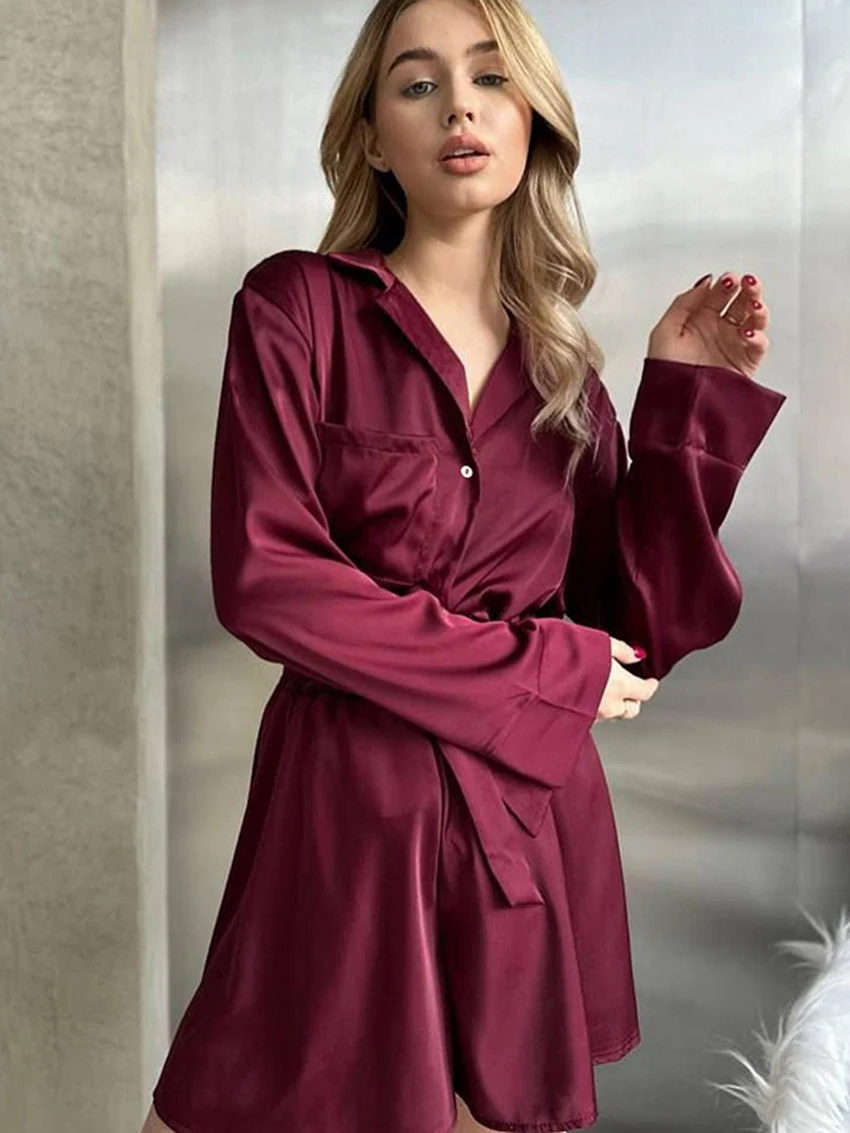 Marthaqiqi Casual Women'S Pajamas 2 Piece Suit Turn-Down Collar Sleepwear Long Sleeve Nightgowns Shorts Loose Ladies Nightie Set