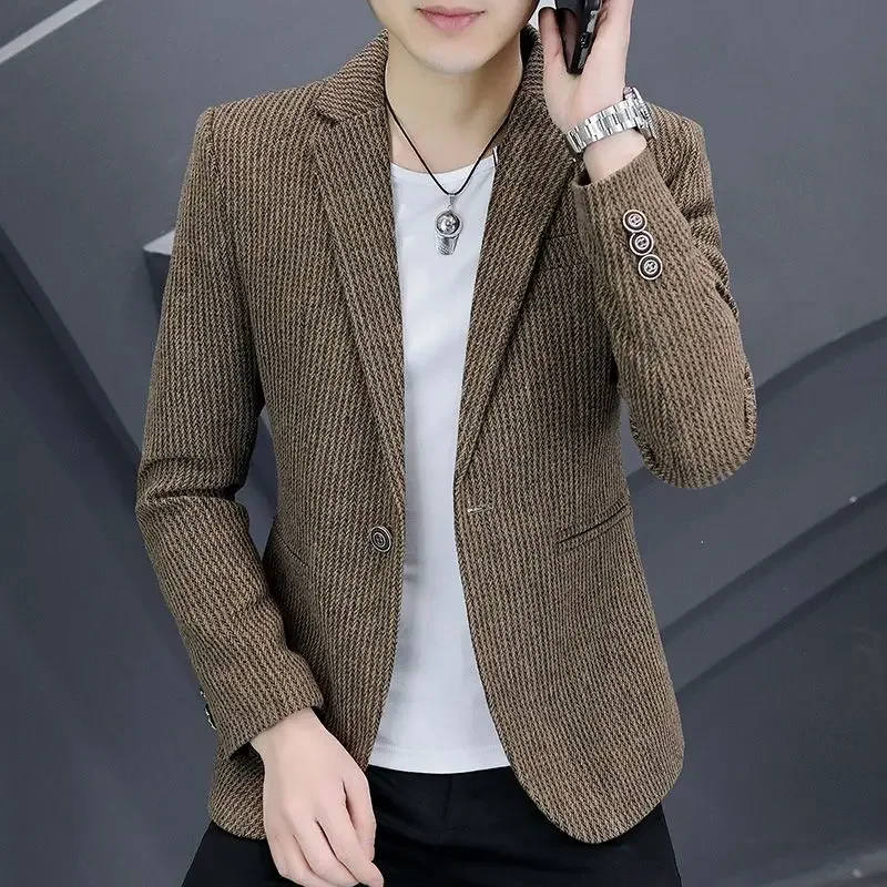 Thin Men's Suit Jackets Single Breasted Male Blazer Coat Brown Slim Fit High Quality Elegant Simple Classic Menswear Clothing - 4