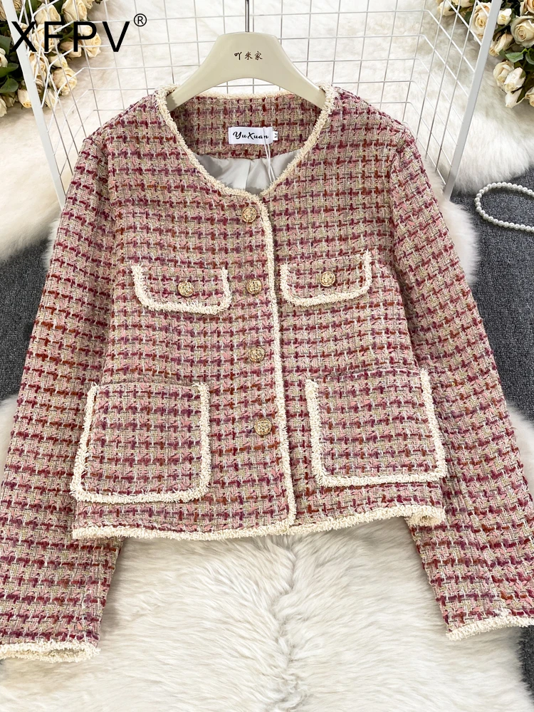 

BabYoung Women's Sweet Single Breasted Temperament Round Neck Short Tweed Jacket Coat Y2k Korean Fashion Autumn Winter 2023