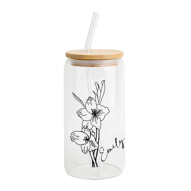 Engraved Custom Glass Tumbler With Bamboo Lid and Straw ,glass