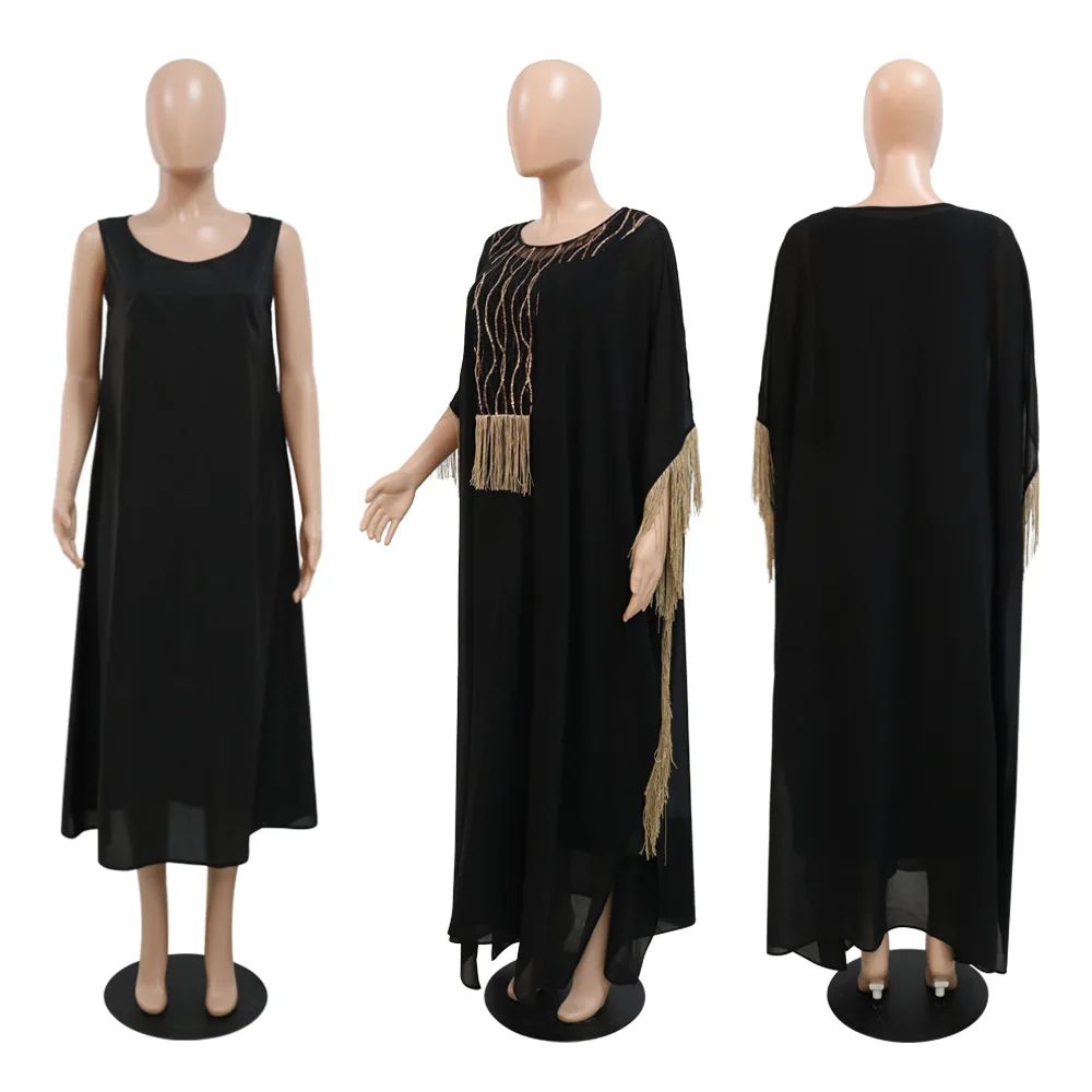 Moroccan Caftan Luxury 2023 Abaya with Slip Inner Dress 2pcs Muslim Sets Sequin Embroidery Tassel Abayas for Women Dubai Ramadan