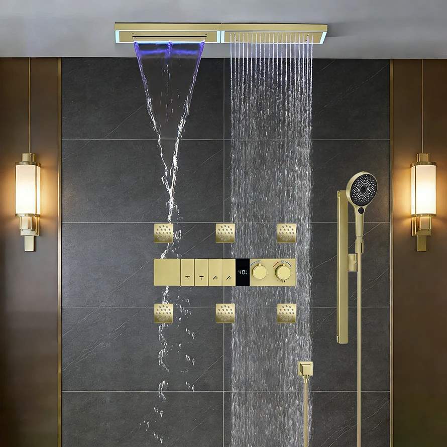 ชุดฝักบัวอัจฉริยะ Qlonn พร้อมไฟ LED ฝักบัวอาบน้ำ ระบบก๊อกน้ำในห้องน้ำ จอแสดงผลดิจิตอล เครื่องผสมอุณหภูมิแบบเทอร์โมสตัท 2 ฟังก์ชั่น พร้อมหัวฉีดน้ำ 1