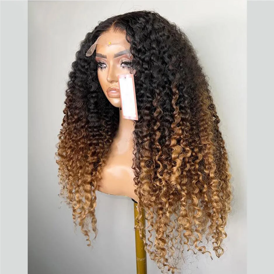 Preplucked Ombre Honey Blonde Brown 26“Long 180%Density Glueless Kinky Curly Deep Lace Front Wig For Black Women BabyHair Daily