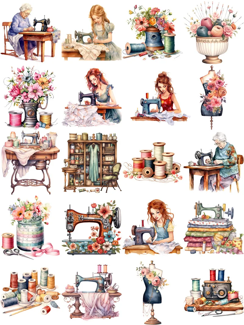 20Pcs/Pack Retro Sewing Machine Sticker DIY Craft Scrapbooking Album Junk Journal Decorative Stickers
