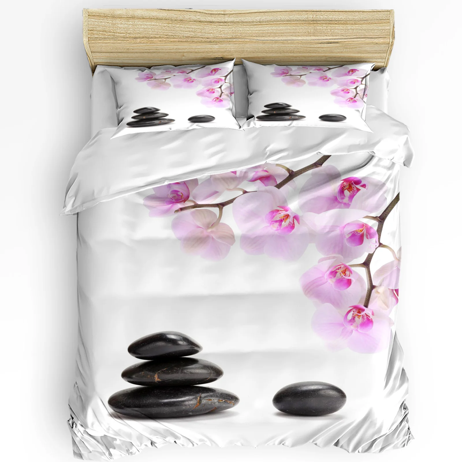 

Orchid Black Stone Pink Flower White Bedding Set 3pcs Duvet Cover Pillowcase Kids Adult Quilt Cover Double Bed Set Home Textile