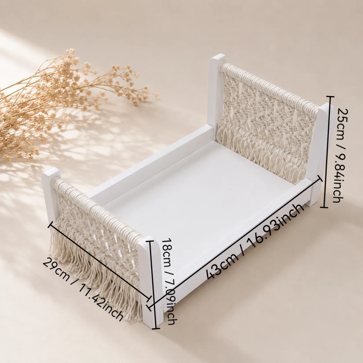 Accessori per Fotografia Neonati, Mini Letto in Legno, Arredamento per Servizi Fotografici, Letto Staccabile in Corda Intrecciata Stile Boho per Studio - immagine 2