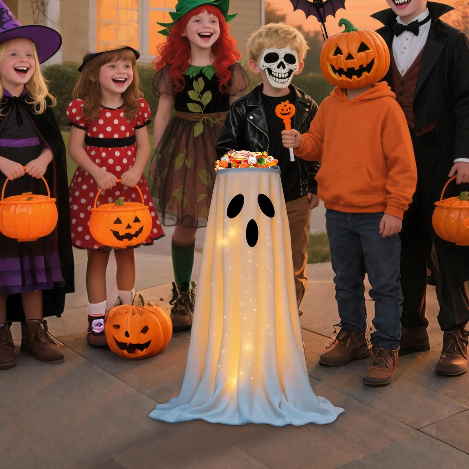 Halloween Lighted White Cloth Ghost Candy Bowl Indoor & Outdoor Decor Scary Standing Ghosts Decor for Front Door Porch Yard