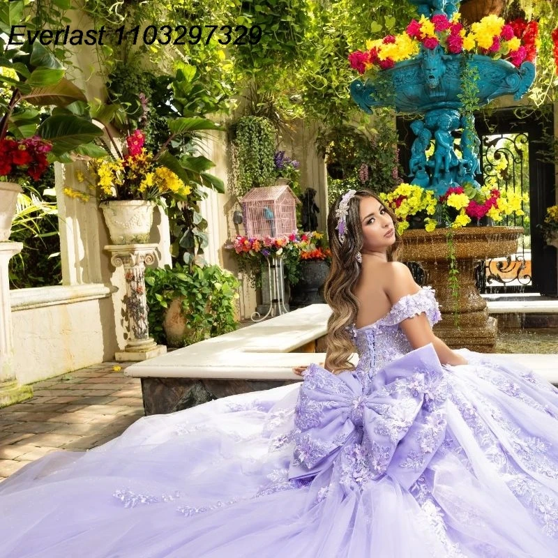 Quinceanera Dress Ball Gown Shiny Lavender Floral Applique Beading Long Sleeve Corset Sweet 16