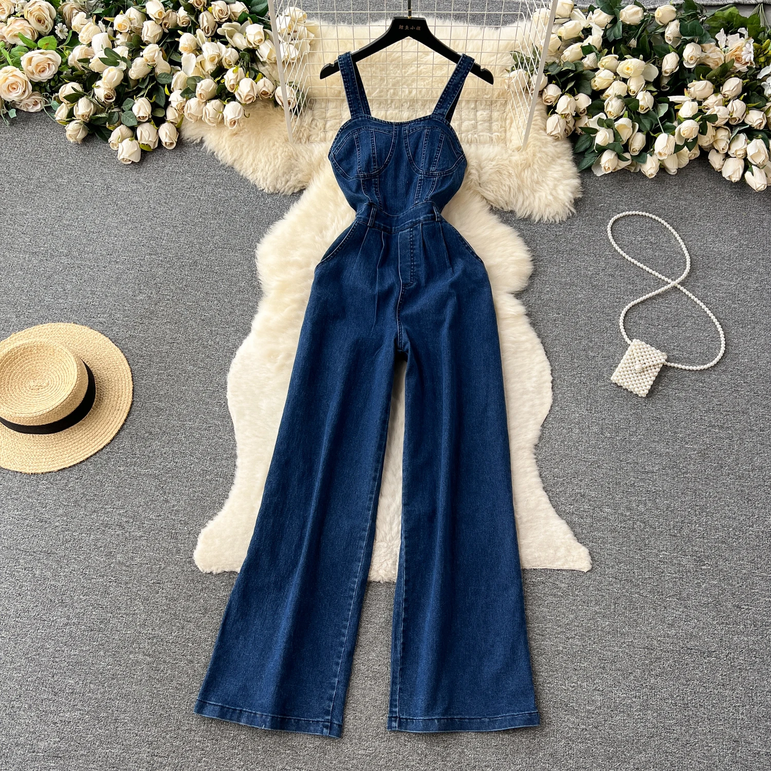 803087-48e4d8.jpg Retro ABG Spicy Girl Sle Strap Vest Denim Jumpsuit Women Summer Waist Cinched Slimming Wide Leg Floor Length Pants - Image 1