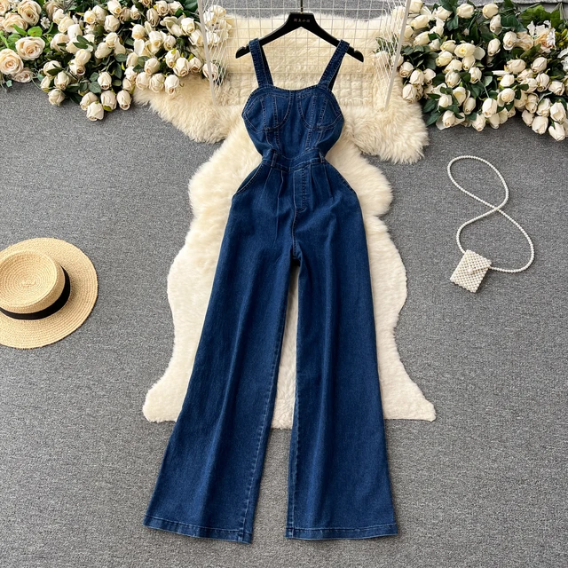 Retro ABG Spicy Girl Sle Strap Vest Denim Jumpsuit Women Summer Waist Cinched Slimming Wide Leg Floor Length Pants