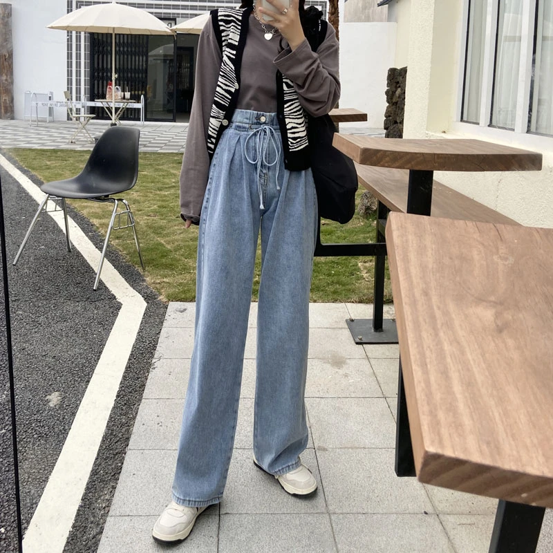 

Niche design straight casual wide-legged pants tie spring and fall hundred high waist loose dragging jeans female