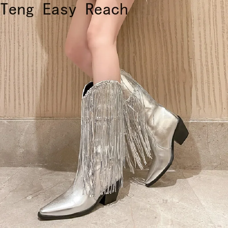 2024 Women's Silver Tassel Western Boots Fashion Spring and Autumn Pointed Thick Heels Western Boots Gold Green Pink Black
