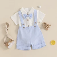 Tenue d'été pour bébé garçon, chemise à manches courtes, col à revers, barboteuse + Short à bretelles à rayures + nœud papillon pour nouveau-né 5