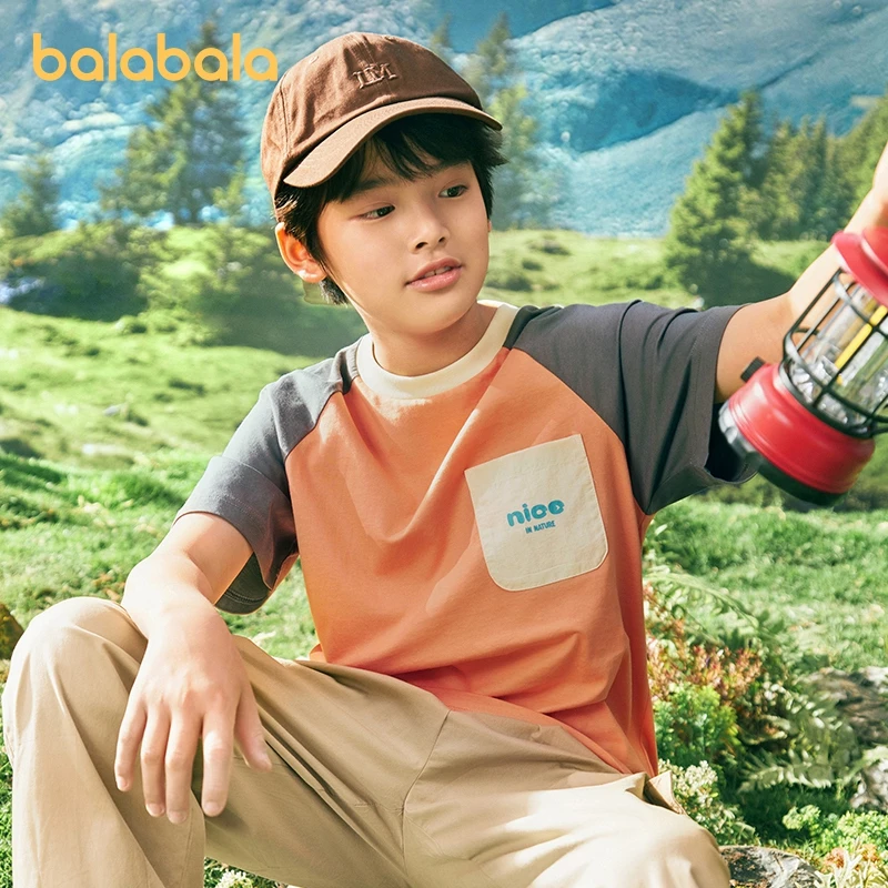 

Balabala Children Clothing Boys T-shirt Short Sleeve 2024 Summer New Outfit Cotton Girls and Big Kids Color-Block Top