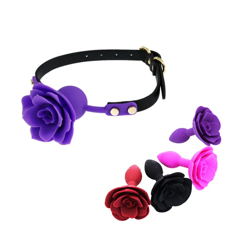 Flower Adjustable Rose Silicone Gag ball with Smooth Anal Plug Toys for Men Women BDWM Bondage Slave Cospl_voghion.com