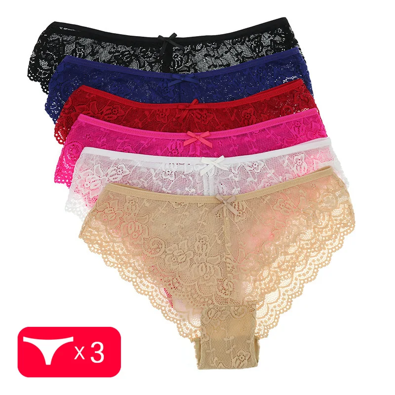 

3PCS/Set Women Panties Solid Breathable Thongs Sexy Briefs Lace Underwear Ladies Underpants Low-Rise G-string Panties Lingerie