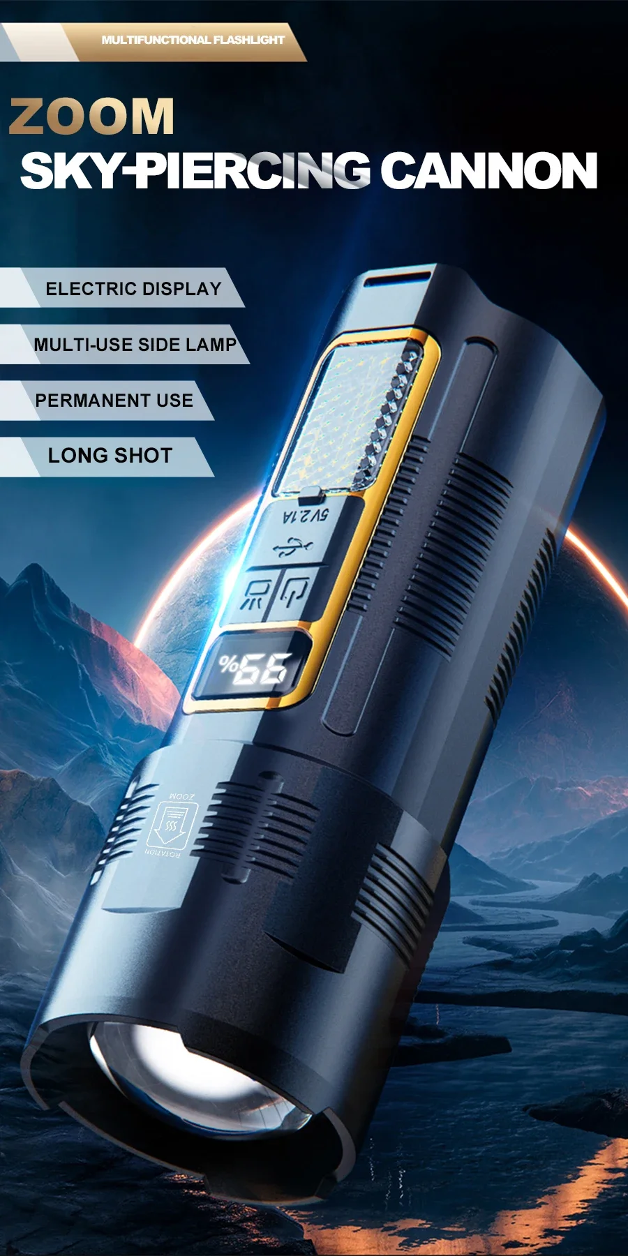 Description Picture 2 of itemPowerful Laser LED Flashlight Portable Telescopic Zoom Torch Built-in Rechargable Battery Outdoor Hiking Camping Fishing Lantern