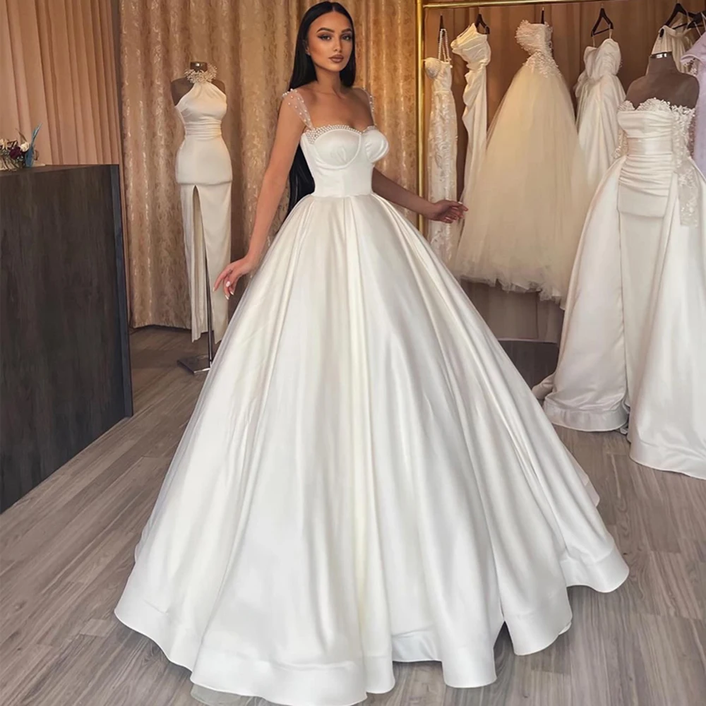 

Furtanseo Modern A-Line Wedding Dresses Robes De Mariée Beading Sweetheart Neckline Sheer Straps Simple Dubai Satin Bridal Gowns
