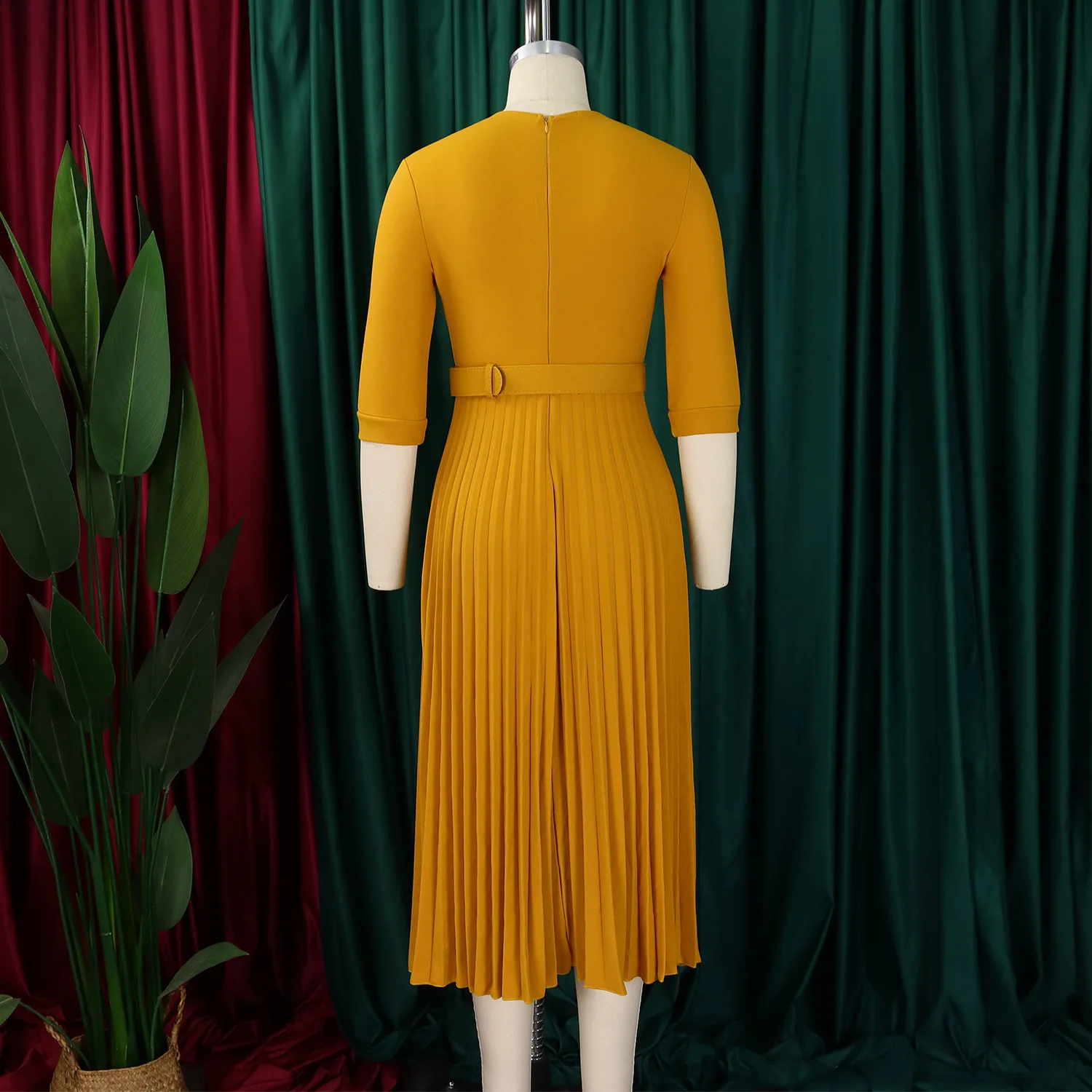 XIOCEAN Elegant Office Dresses Pleated for Woman Notched Collar Half Sleeve Belt Waisted Mid Calf Afircan Business New Robe