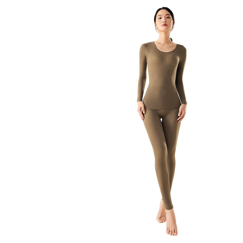 Autumn Winter Warm Thermal Set Women Seamless High Stretch Underwear Pajamas Set Long Sleeve Bottoming Top and Long Pants