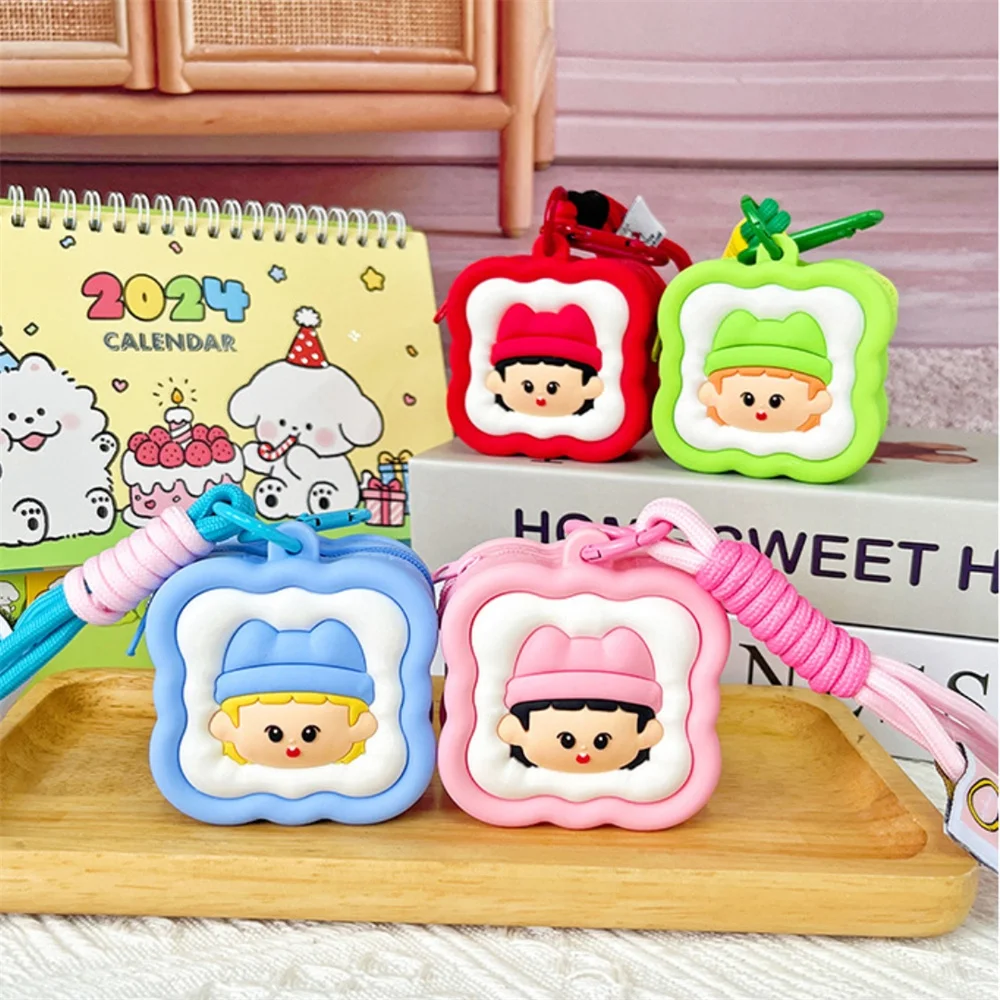 Square Silicone Coin Purse Children's Mini Card Holder Zipper Money Bag Headphone Storage Bags Keychain Braided Wristband Wallet