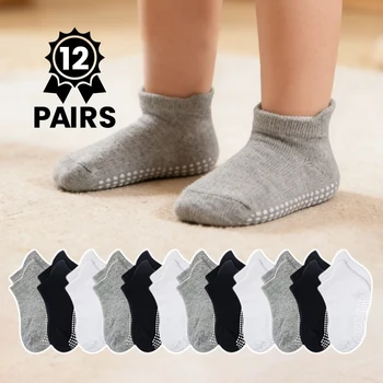 12-Pair Black, White, and Gray Basic Non-Slip Glue Dot Socks for Toddlers, Suitable for All Seasons 1