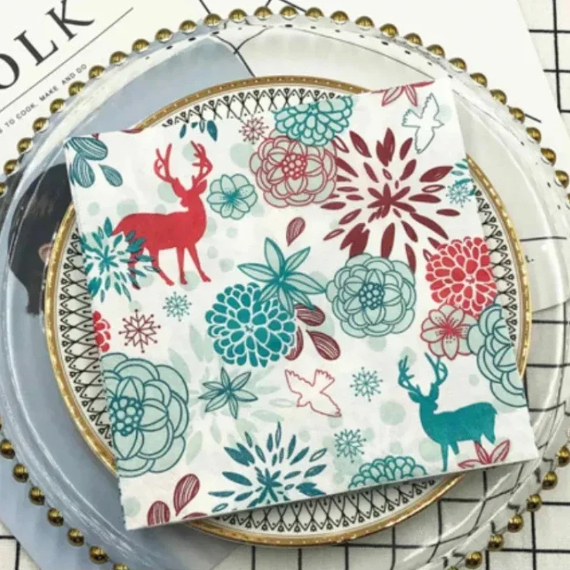 20pcs/Pac Colorful Napkins Christmas Moose Fireworks Table Mouth Cloth Paper Napkins Holiday Party Square Paper 33cm