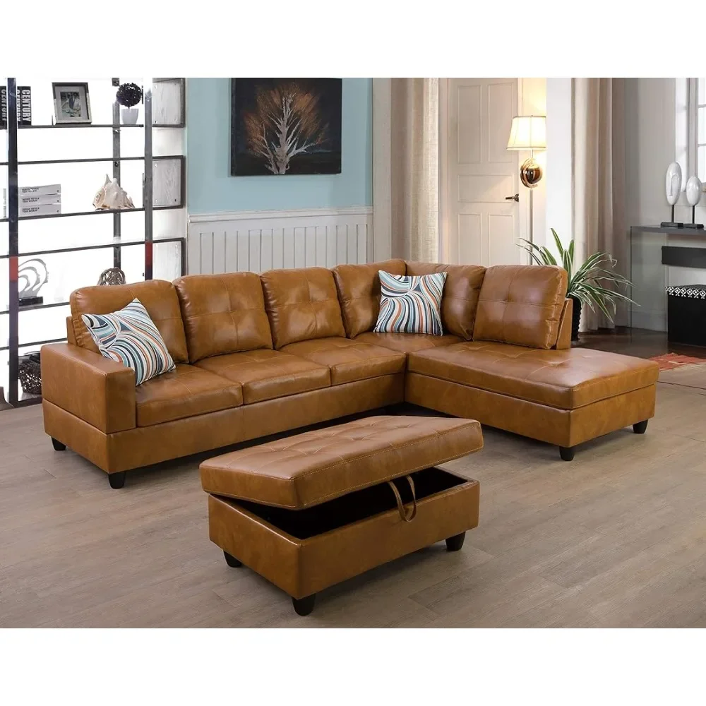 

L Shaped Sectional Sofa Set Living Room Sofa Right Hand Toward Ginger Tufted Leather Storage Footstool Throw Pillow