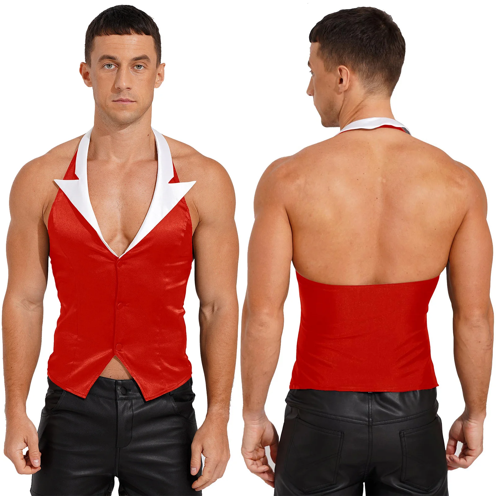 thumbnail image 1 of Disfraz de camarero de Anime para hombre, traje de Halloween, chaleco sin mangas con cuello Halter, Tops con botones y dobladillo Irregular con espalda descubierta y retales, 1 of 5