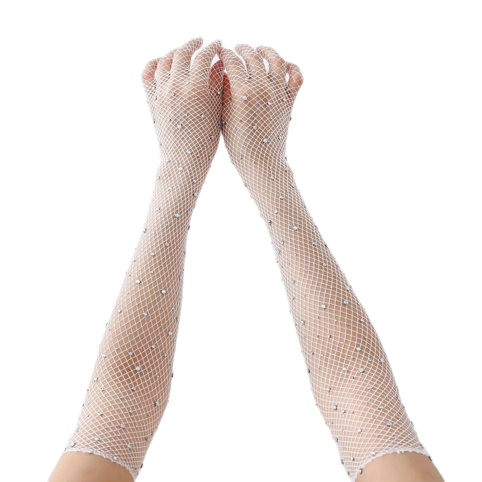 Black White Red Long Mesh Gloves With Rhinestones Hollow Fishing Net Women's Gloves Finger Fancy Cosplay Fishnet,lace gloves