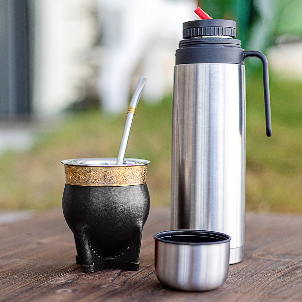 Handmade 304 Stainless Steel Argentina Yerba Mate Tea Cup Set with Baroque Style Gourd, Bombilla(Straw) and Cleaning Brush