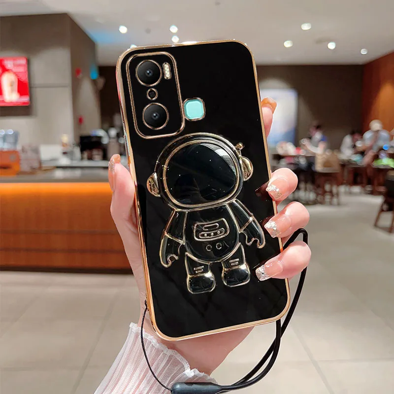 

For Infinix Hot 20i Phone Case Astronaut Fold Stand Soft Silicone With Lanyard Luxury Plating Cover