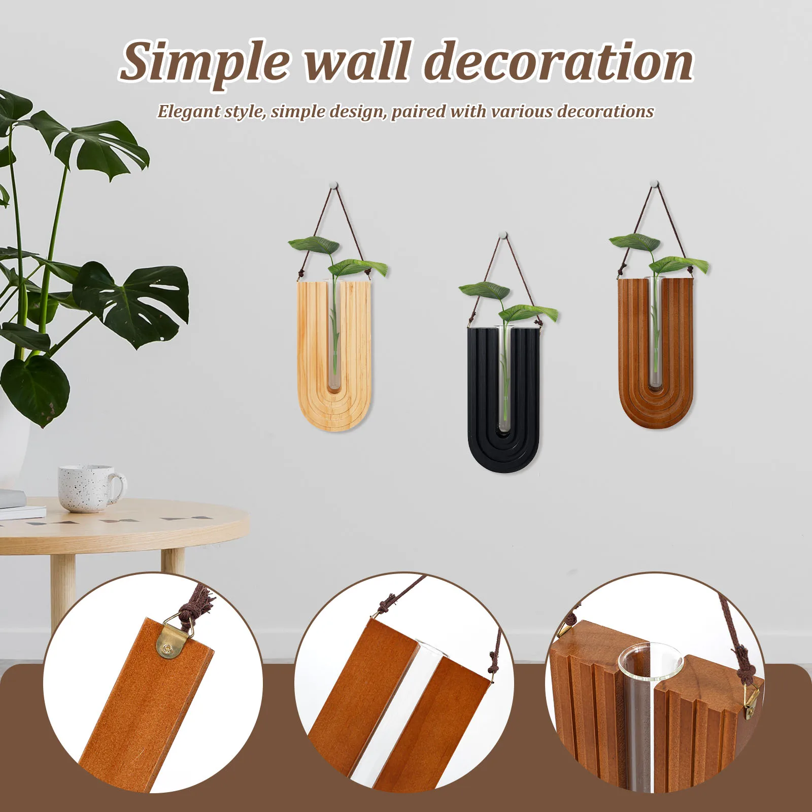 3 Pcs Wooden Flower Vase Elegant Wall Mounted Planter Hydroponic Plant Hanging Vase for Garden Living Room and Home Decoration