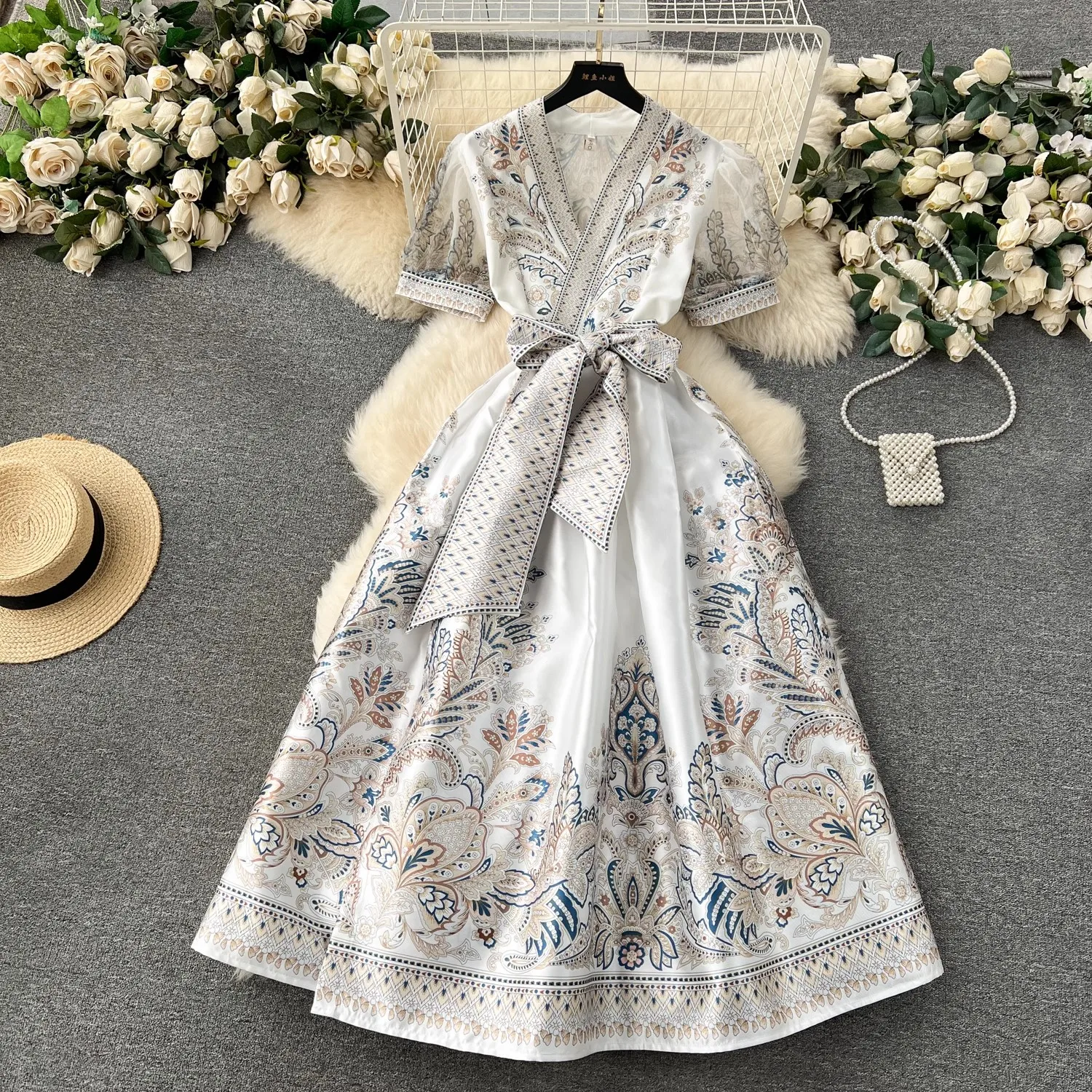 Summer Runway Paisley Print Dress Women's V-Neck Short Puff Sleeve Vintage  Print Bandage Belt Lace Up Holiday Robe Vestidos - AliExpress