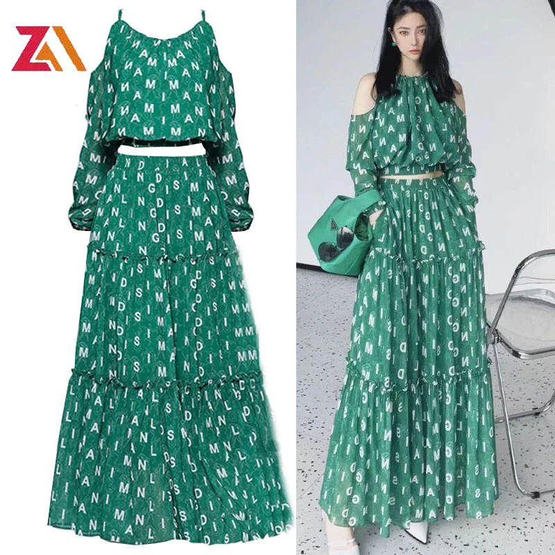 ZALady Conjunto de dos piezas mujer, blusas cortas con letras verdes, faldas largas, elegante y fiesta| | - AliExpress