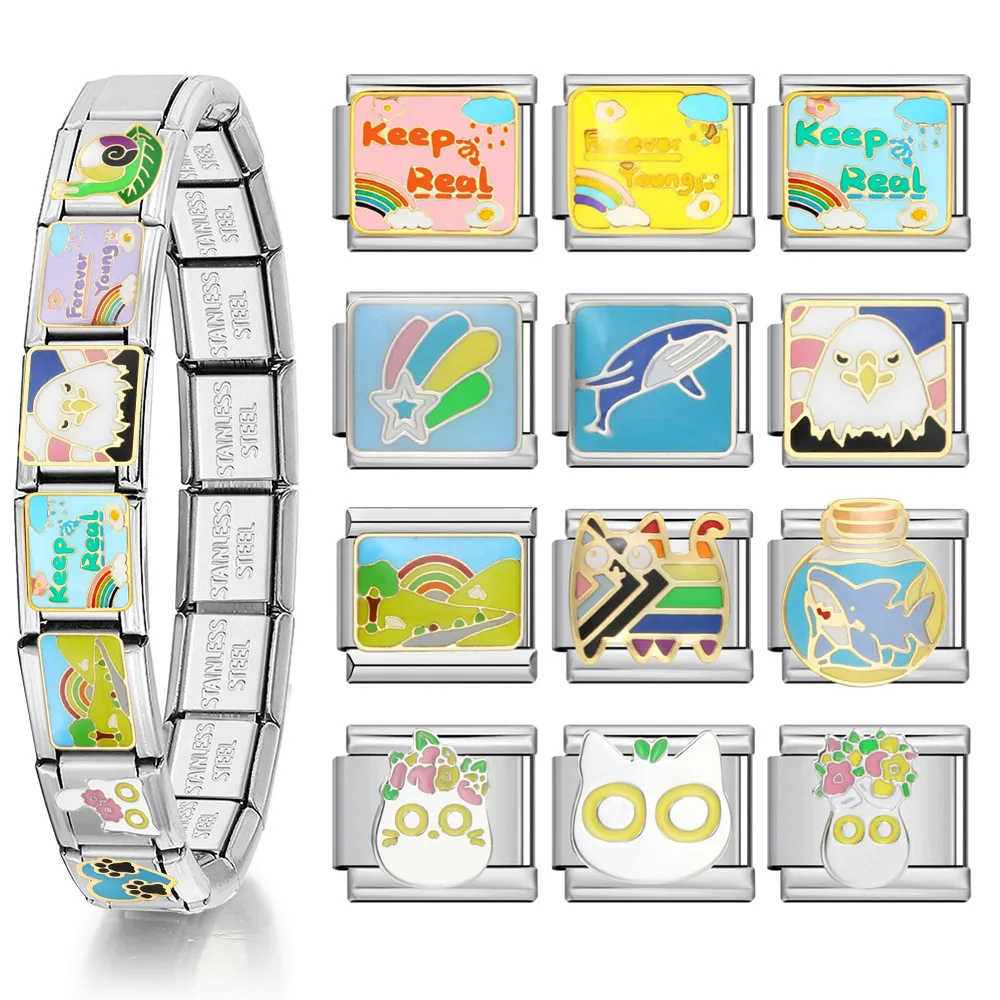 Y2K Design Bunte Katze Blume Wal Aquarium Regenbogen Fit 9mm Italienische Charm Link Edelstahl Armband Herstellung DIY Schmuck