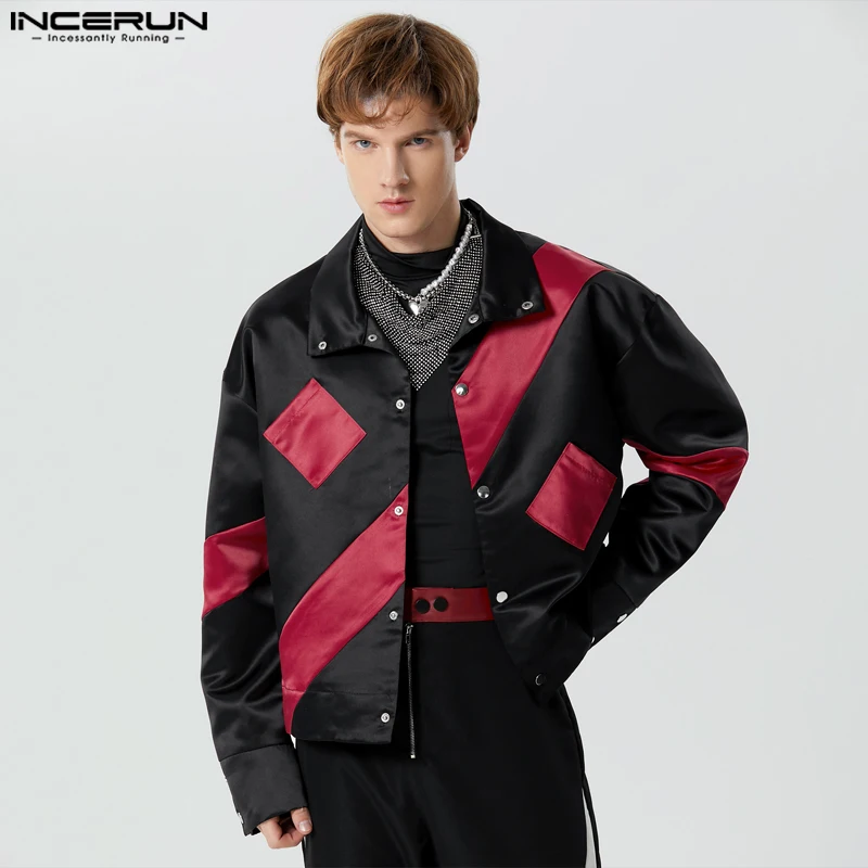 

INCERUN Tops 2023 Locomotive Wind Handsome New Mens Hot Selling Jackets Casual Male Patchwork Contrast Satin Jackets Coats S-5XL