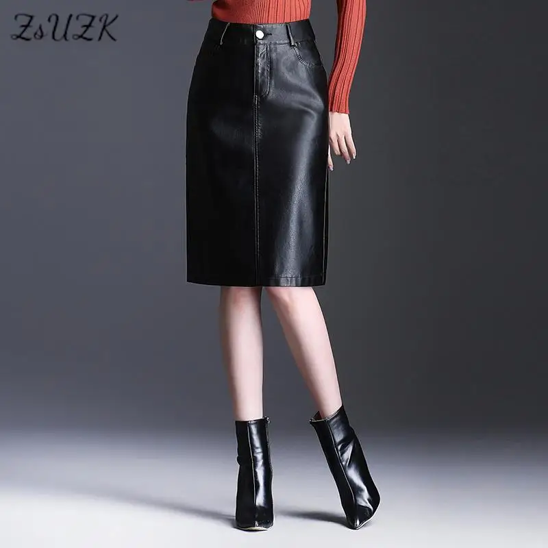 

Юбка женская ZUZK из искусственной кожи, прямая, до колена, с карманами, с высокой талией, для осени и зимы