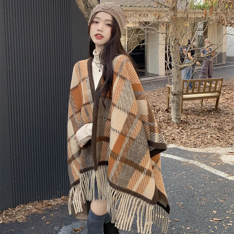 

Designer Brand New Cashmere Air-conditioned Shawl Women's Cloak Autumn Winter Vintage Plaid Warm Scarf for Women 목도리