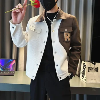 2024 nuovo cappotto Slim Fit alla moda a contrasto di colore primaverile e autunnale per giacca Casual con colletto ribaltabile alla moda da uomo 1