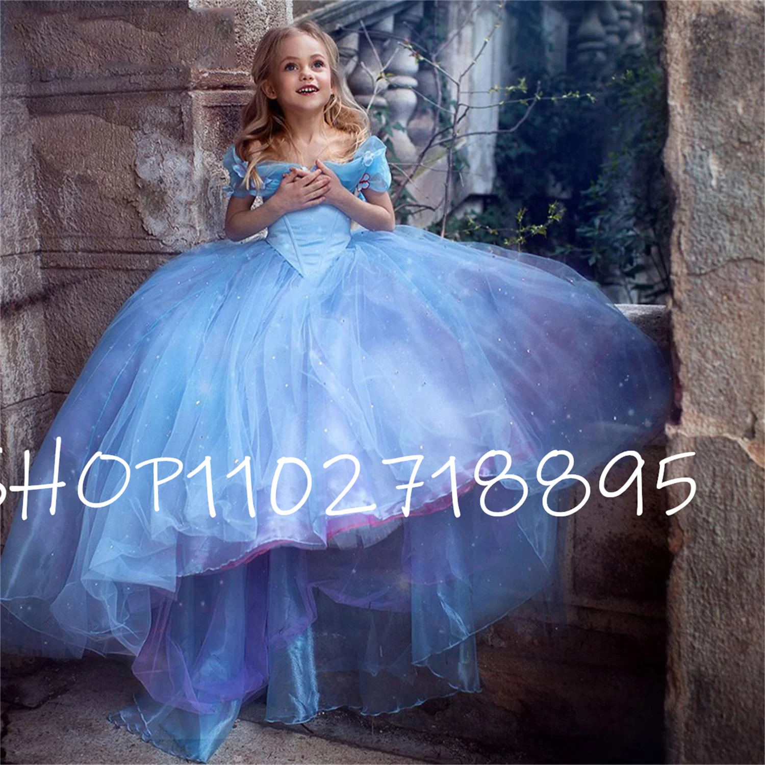 Treasure Blue Shiny Tulle Butterfly Decoration Off Spalla Flower Girl Dress Wedding Flower Child Santis Prom Dress