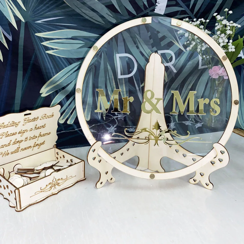 

Wedding Guest Book Mirror gold Mr & Mrs Circle Drop Box for Wedding Party Transparent Acrylic Wood Border Guestbook Decor Gift
